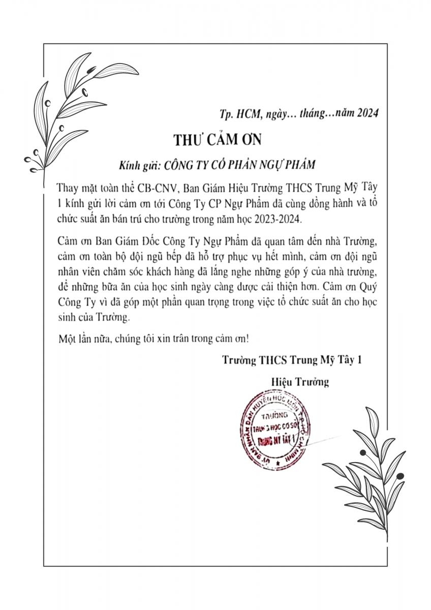 THƯ CẢM ƠN CỦA TRƯỜNG THCS TRUNG MỸ TÂY 1